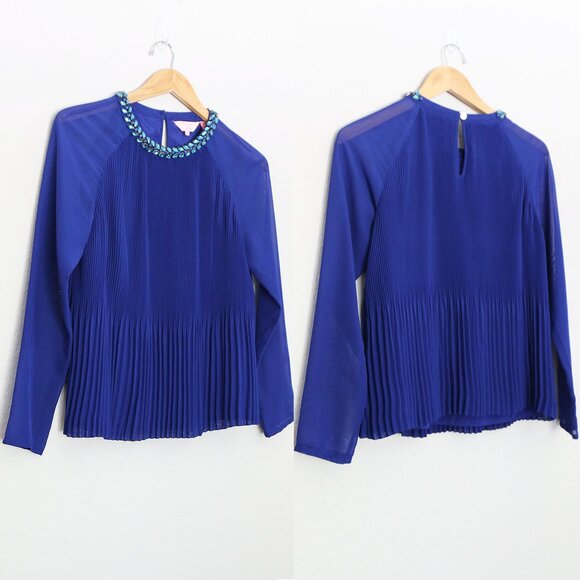 Ted Baker Lovina Jewel Embellished Accordion Pleated Blouse Cobalt Royal Blue 4 - Picture 4 of 16